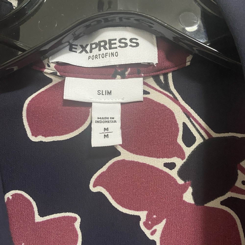 Express The Portofino Shirt Womens Medium Blue Pink‎ Floral Slim Roll Tab Office - Picture 2 of 11